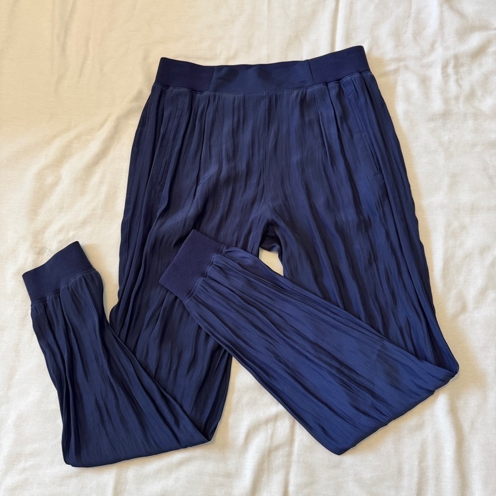 NEW Ramy Brook XS Markie Pant ~ Navy Blue Satin Jogger Pants Modern Flowy